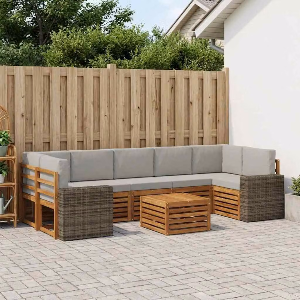 vidaXL Set di divani da esterno a L composto da 8 pezzi in legno di acacia con cuscini, colori beige, grigio e marrone