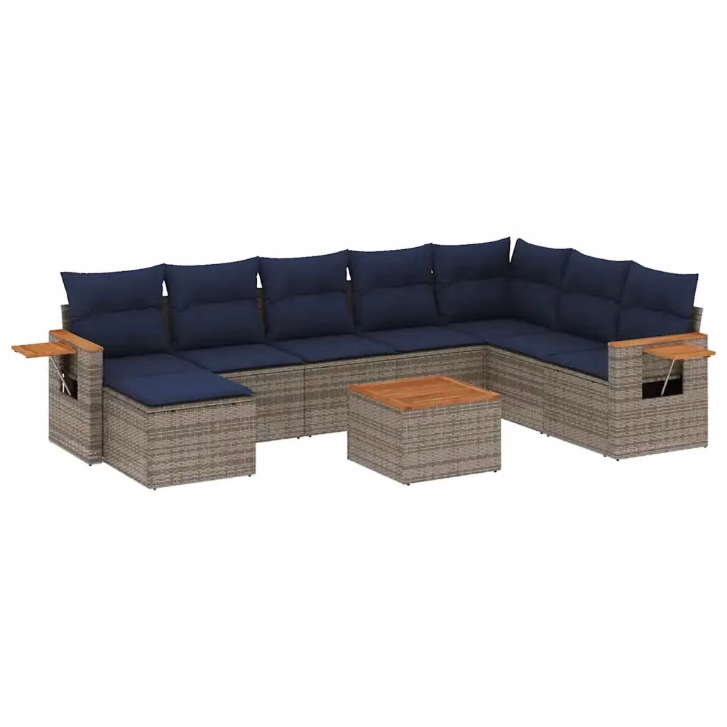 vidaXL Set Divani da Giardino 9 pz in Polyrattan con Cuscini Blu e Grigio con Tavolino e Ottoman per Terrazza o Giardino – 2