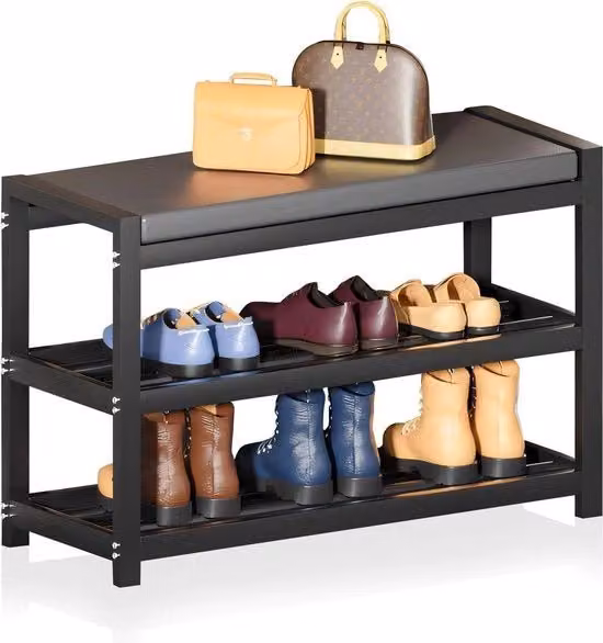 Banco con sedile imbottito - 3 livelli di ripiano per scarpe - 65 x 25 x 41,5 cm - Acciaio di carbonio - Carico 150 kg - Entrata corridoio bagno soggiorno