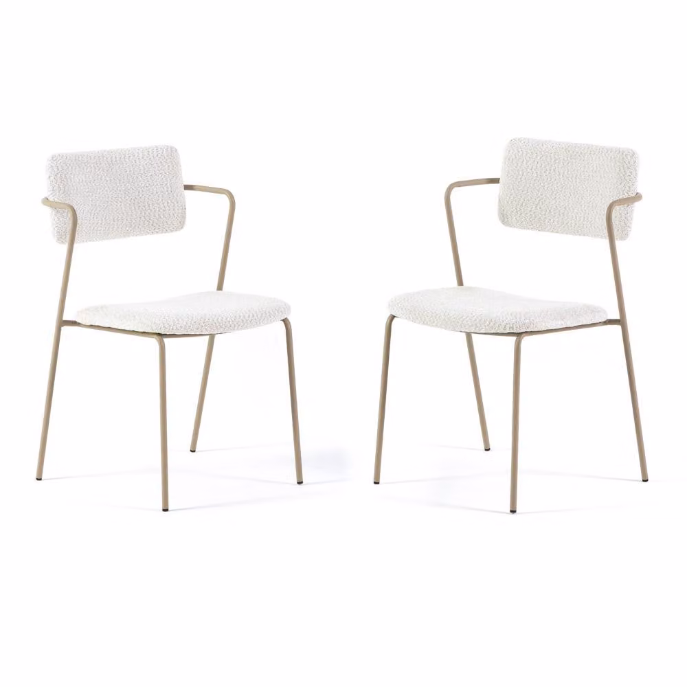 set di 2 sedie da interno in velluto bouclé con struttura in metallo color champagne e braccioli integrati - design moderno ed elegante, comodo e raffinato, ideale per cucine,da pranzo, spazi commerciali o ristoranti - LUISA