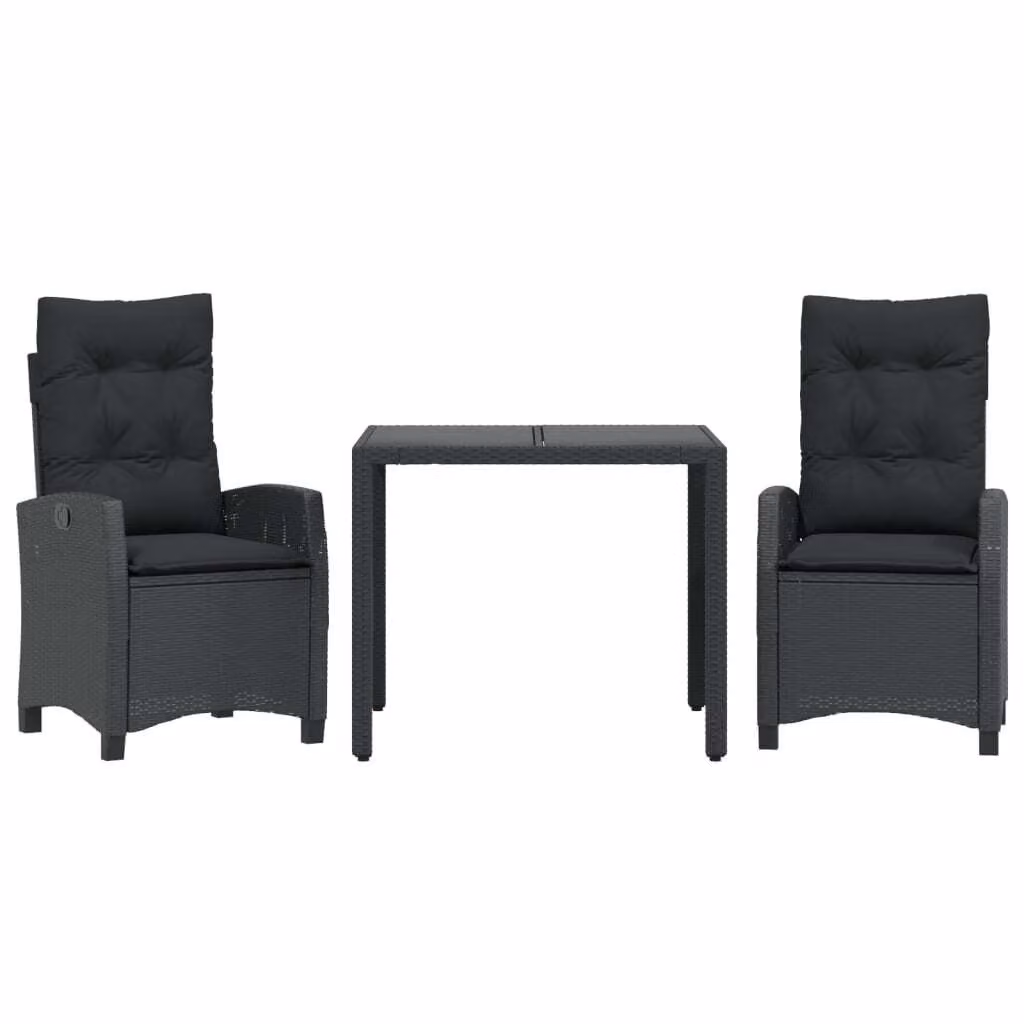 Set da Pranzo da Giardino 3 pz con Cuscini Nero in Polyrattan
