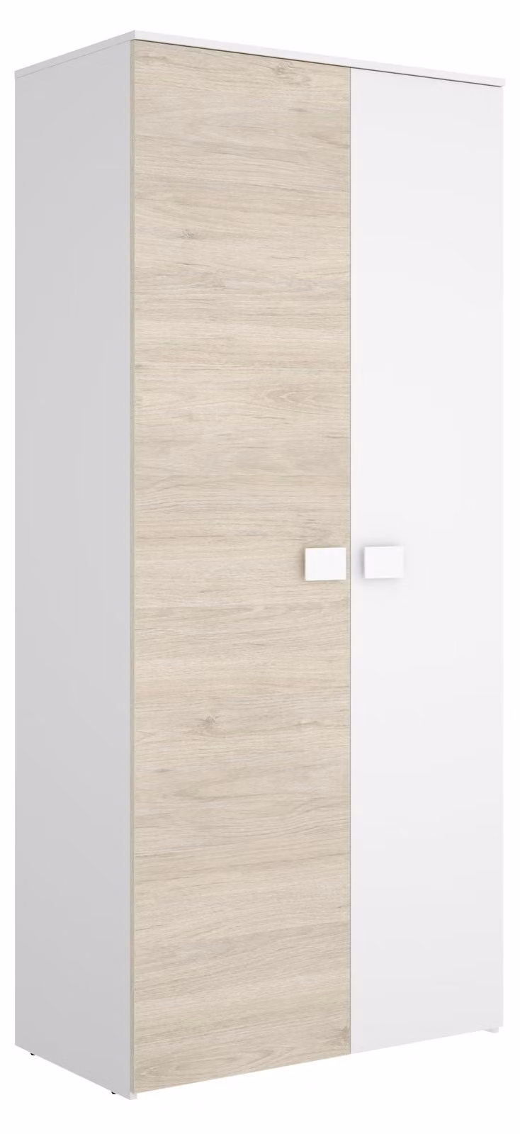 Mobile contenitore in melaminico bianco/effetto legno naturale, dimensioni 205x90x52 cm, con 2 ante e 2 cassetti