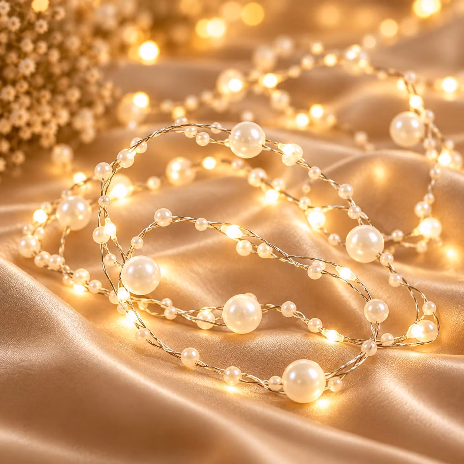 Catena luminosa a forma di perle, 5 metri, 50 LED, alimentazione a batteria, luce bianco caldo