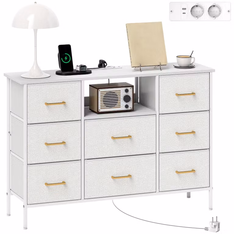 Comodino – Armadio contenitore – 8 cassetti in tessuto – Tira-filo con prese di corrente – Struttura in acciaio – Bianco crema