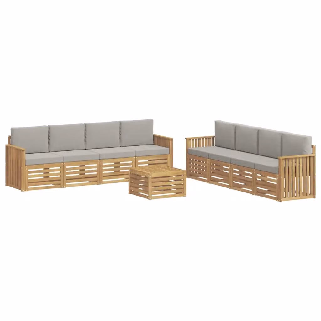 Set di mobili da esterno vidaXL in legno di acacia con divano a 3 posti, tavolino da caffè e cuscini, Bianco e Grigio – 2