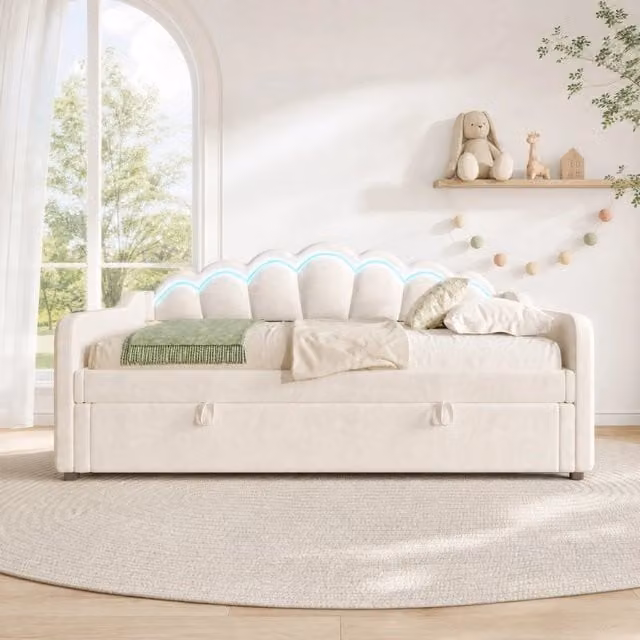 Divano letto REDOM con contenitore idraulico in velluto beige L/P/H: 90 x 200 cm