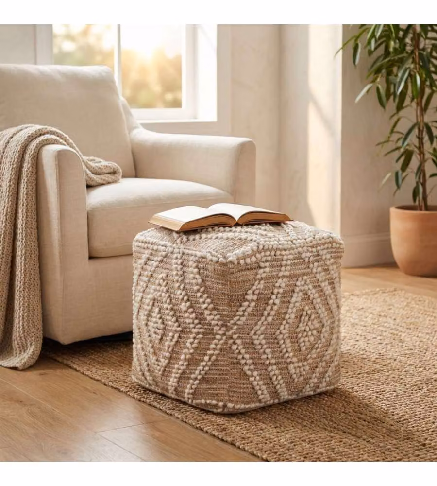 Cosma Pouf Quadrato in Juta e Lana 40x40 cm Ecrù e Marrone Chiaro