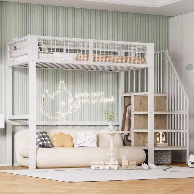Letto a castello bianco con scala e armadio in metallo 90x200 cm