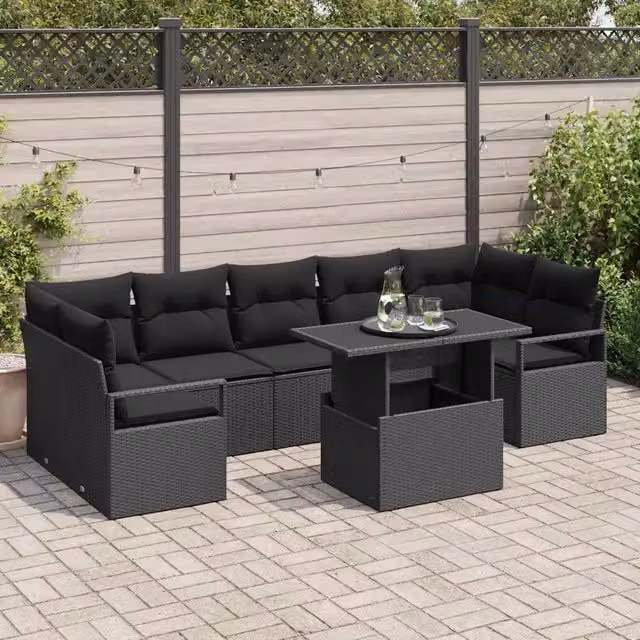 Set Divano da Giardino 8 pz 7-Numero di posti Nero polyrattan 3348779