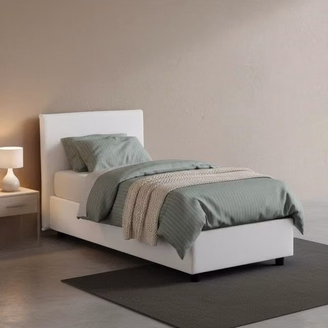 Letto singolo contenitore Astor Talamo Italia con materasso incluso, rivestimento in tessuto bianco, apertura laterale, dimensioni materasso: 80 x 190 cm – 1