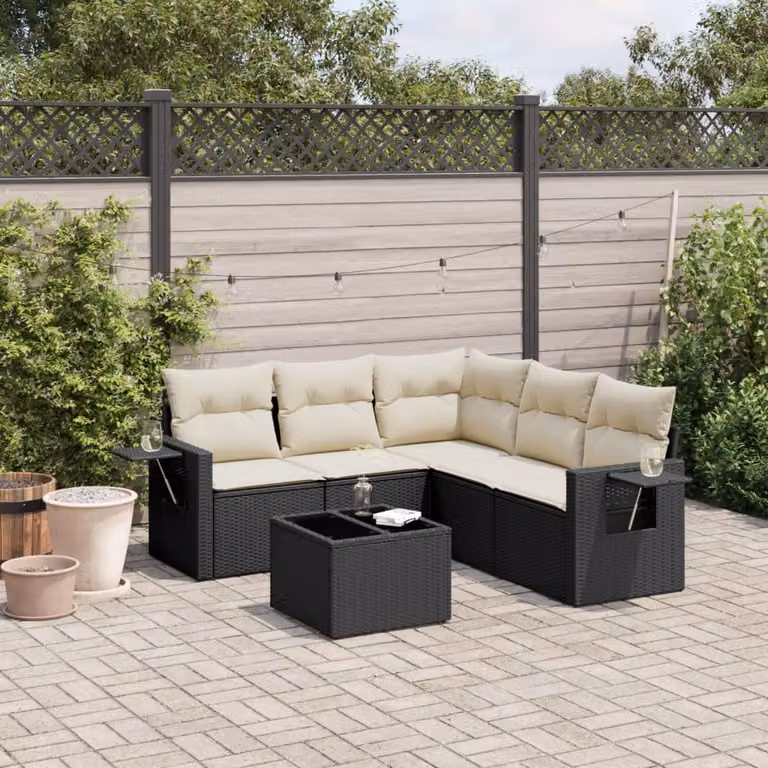 Set Divano da Giardino vidaXL 6 pz a Forma a L in Polyrattan Nero con Cuscini e Tavolino