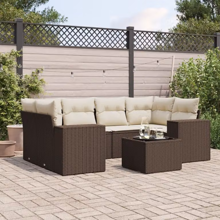 vidaXL Set Divani da Giardino 7 pz a Forma a L con Cuscini Marrone e Bianco in Polyrattan e Tavolino da Caffè