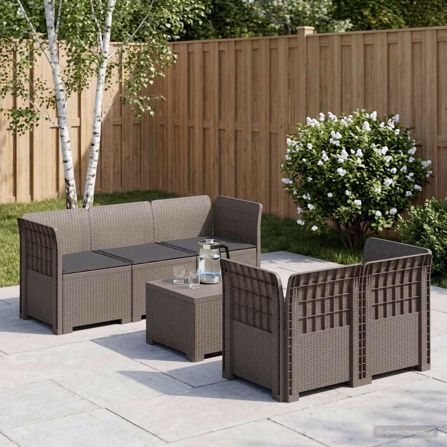 Set da giardino vidaXL a forma di L con divano da 5 posti, tavolino e cuscini in polyrattan moderno, resistente alle intemperie e ai raggi UV, colore antracite
