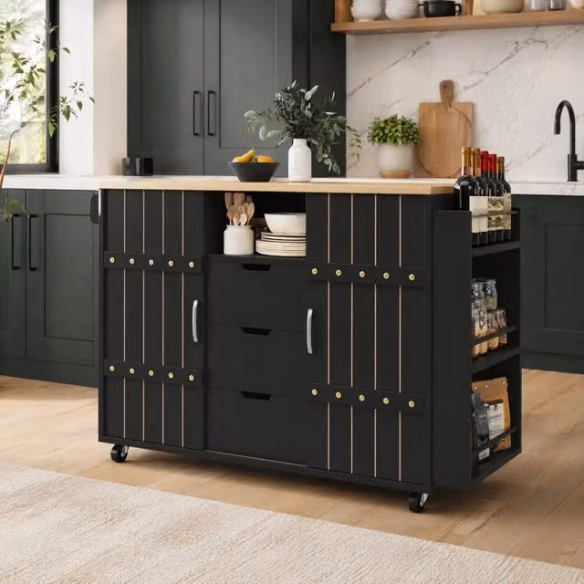 Isola cucina mobile con ruote e piano in MDF da 110x42x90 cm, con ripiani, portasciugamani e ante scorrevoli nero