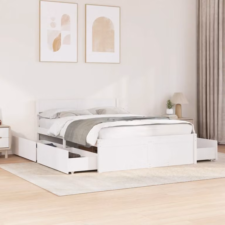 Letto senza materasso vidaXL in legno massello di pino bianco con cassetti L/P/H: 205.5 x 120 x 78 cm