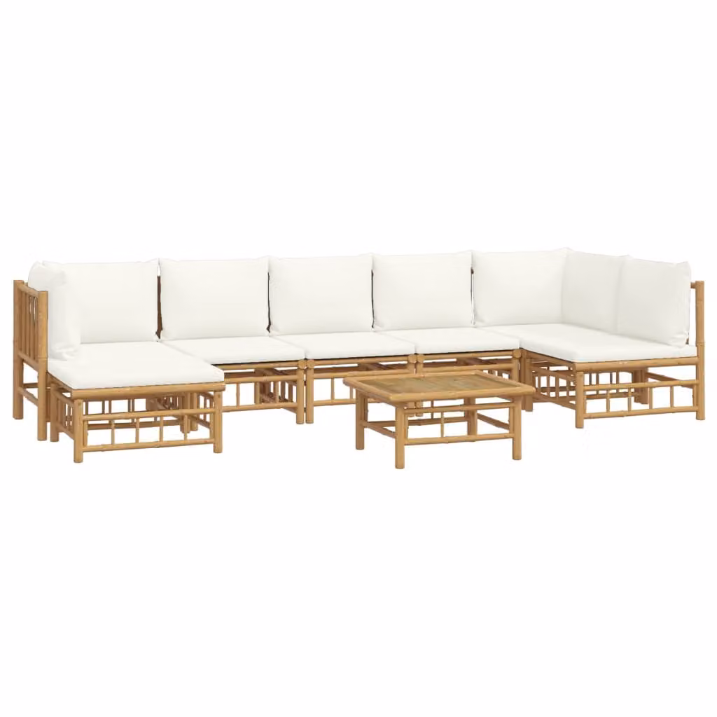 Set Salotto da Giardino 8pz con Cuscini Bianco Crema in Bambù