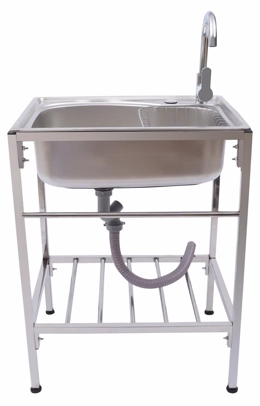 Lavello da cucina, struttura in acciaio inox, rubinetto acqua calda e fredda, argento