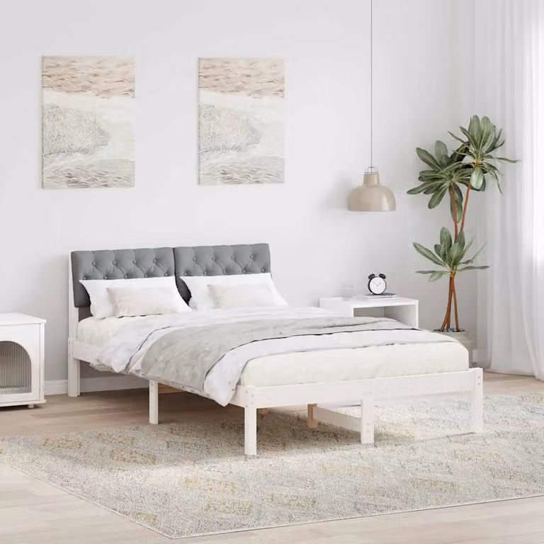 Struttura del letto moderna vidaXL in legno di pino e tessuto, bianco e grigio, L/P/H: 120 x 200 cm
