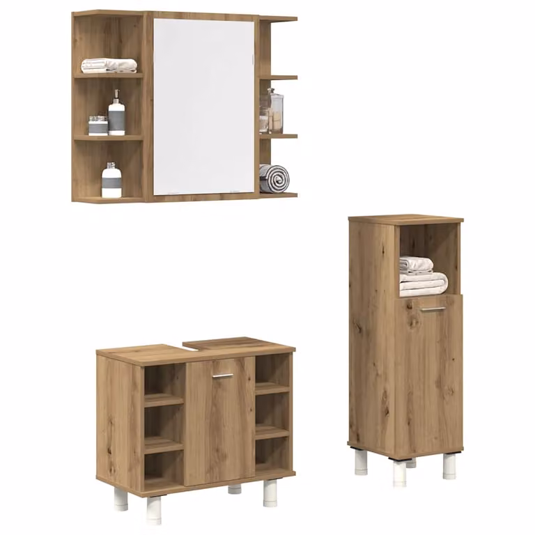 Set di mobili da bagno moderno vidaXL in legno color rovere marrone composto da 3 pezzi con armadietto specchio, mobile lavabo e mobile laterale