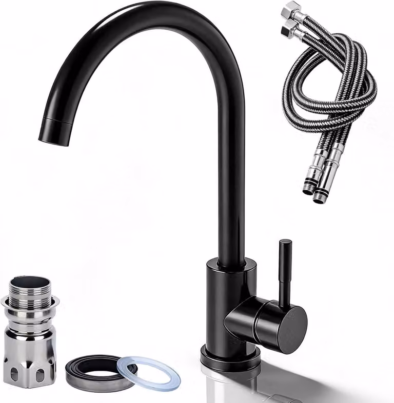 Miscelatore da cucina girevole a 360°, in acciaio inossidabile, colore nero, con tubo da 60 cm e attacchi G3/8 per cucina