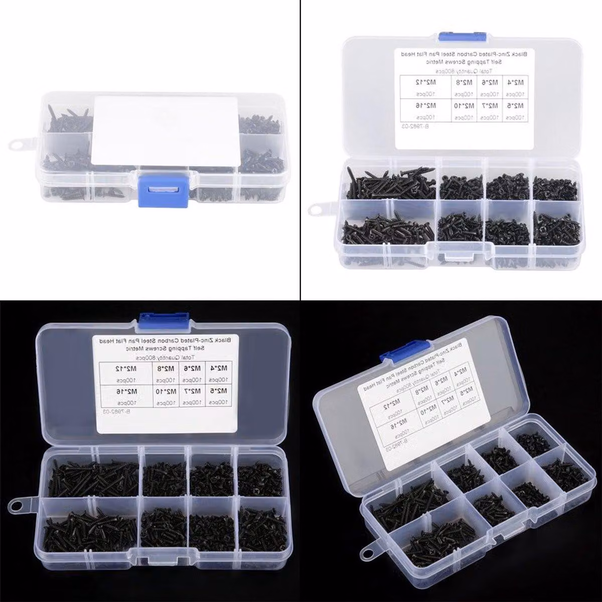 Assortimento di 800 viti nere autoperforanti in formato M2, con testa piatta, e contenitore per la conservazione, ideale per diversi tipi di lavoro