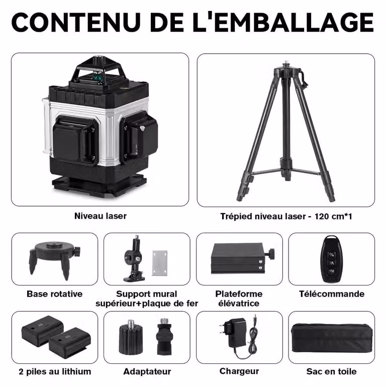 Livella laser - 4D, 16 linee - Autolivellante - Orizzontale e verticale - Laser verde - Portata 25 m - Kit con treppiede da 120 cm