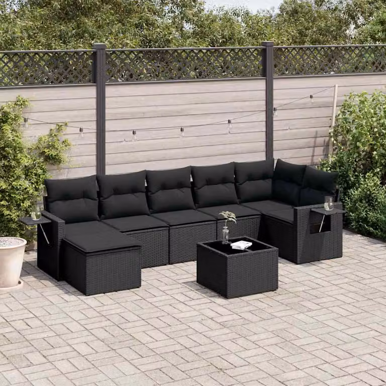 vidaXL Set Divani da Giardino a L con Cuscini 8 pz Nero in Polyrattan e Struttura in Metallo
