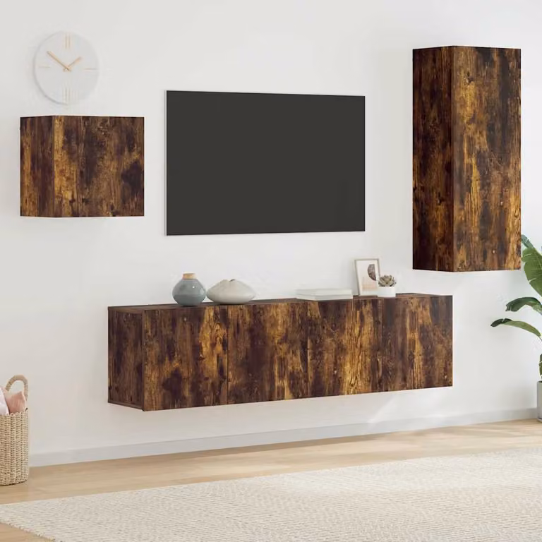 Set di 4 mobili TV da parete vidaXL in legno multistrato e MDF, colore Rovere Fumo, stile moderno per soggiorno o ufficio