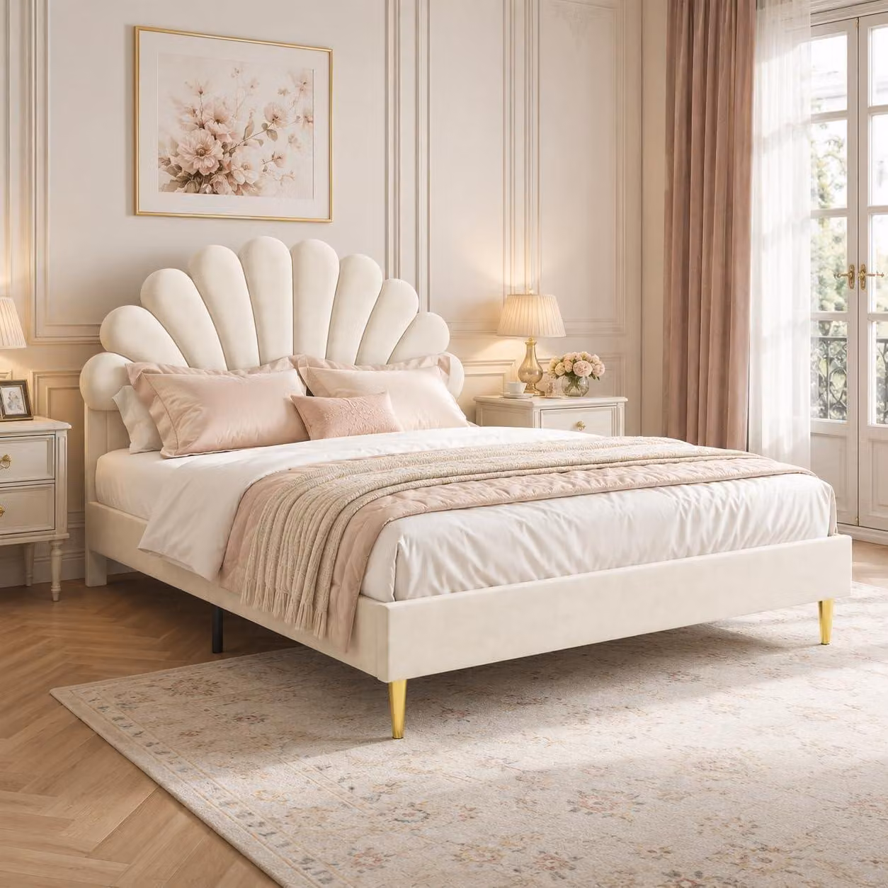 Letto imbottito INONEFT, 140 x 200 cm, letto matrimoniale con rete a doghe, letto per bambini/ragazzi con testiera a forma di conchiglia, letto in legno, design classico, rivestito in velluto, colore beige