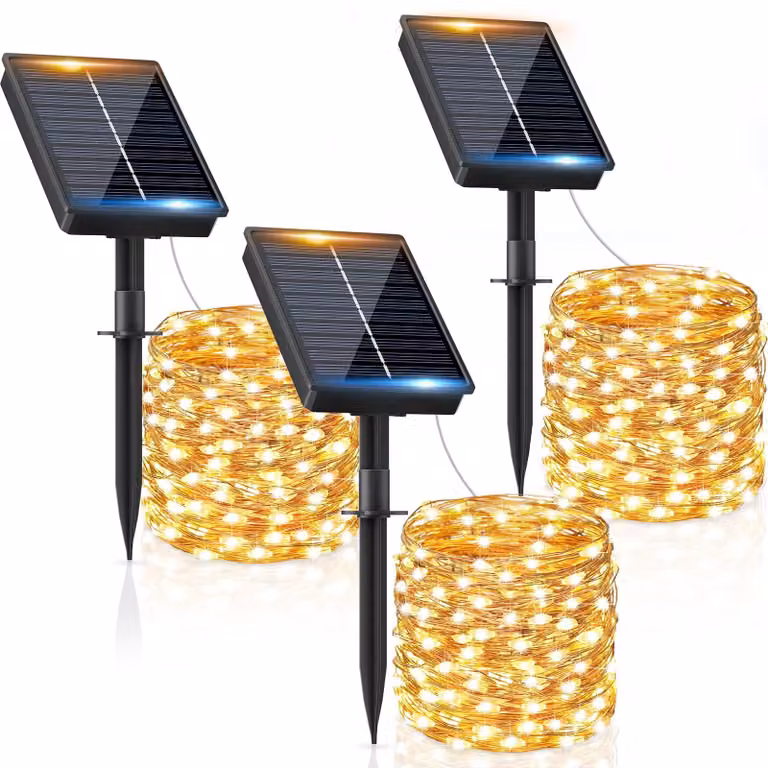 Catena luminosa solare, confezione da 3, lunghezza totale 12+2 metri, 120 LED, luce bianco caldo, grado di protezione IP65