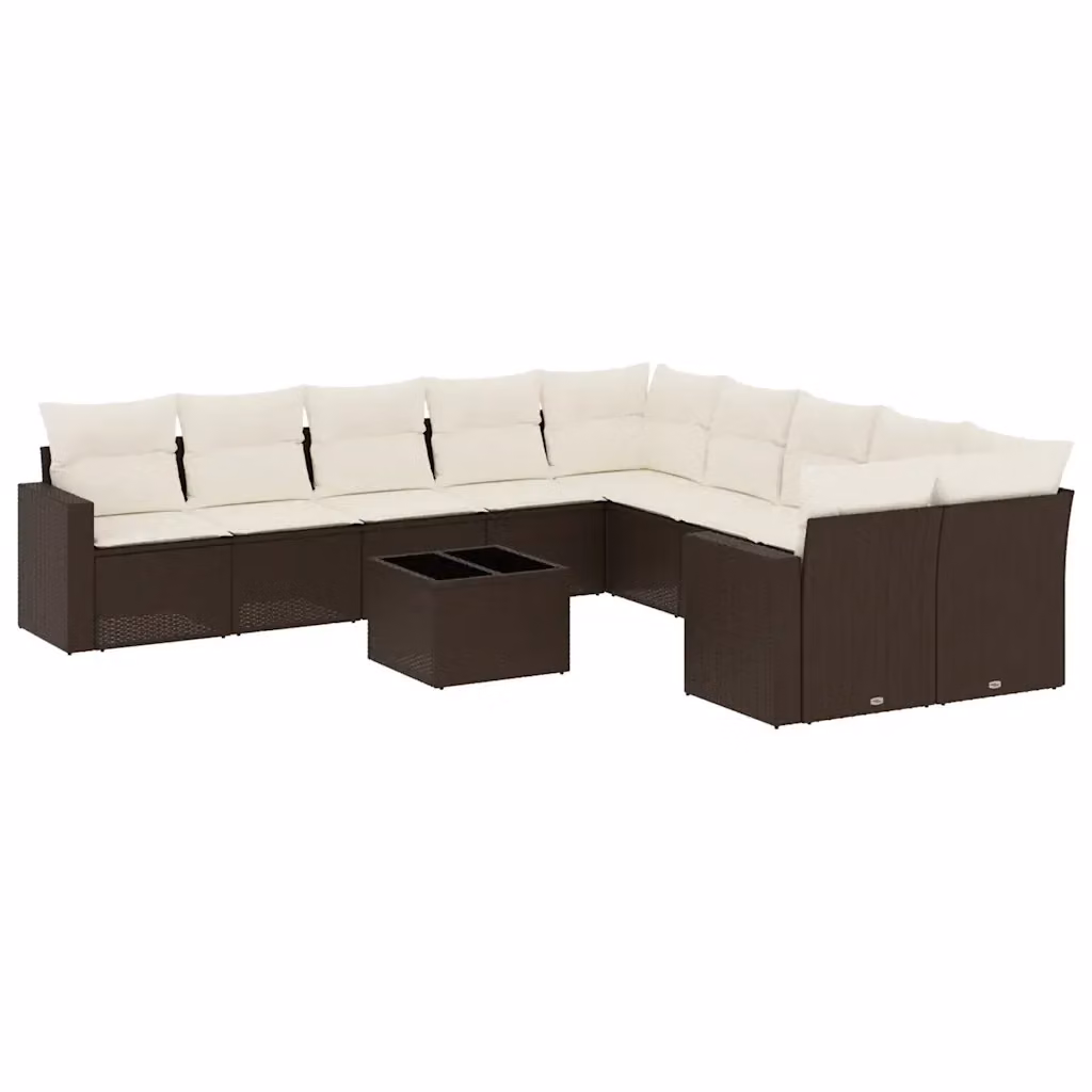 vidaXL Set Divani da Giardino 11 pz in Polyrattan Marrone con Cuscini Bianchi e Tavolino da Esterno – 2