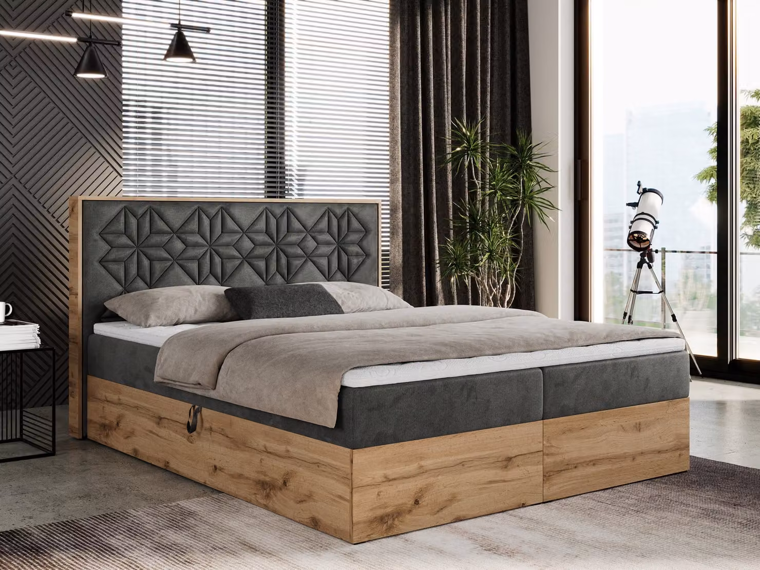 Letto boxspring 160x200 con contenitore, letto imbottito 160x200 con materasso H4, letto boxspring 160x200 con testiera, letto boxspring in legno massello - Nessi - Grigio scuro Velvet - H4