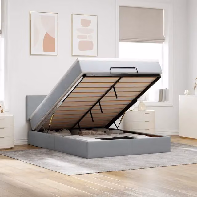 Letto con contenitore a sollevamento e materasso vidaXL in tessuto grigio e bianco L/P/H: 200 x 140 x 88 cm