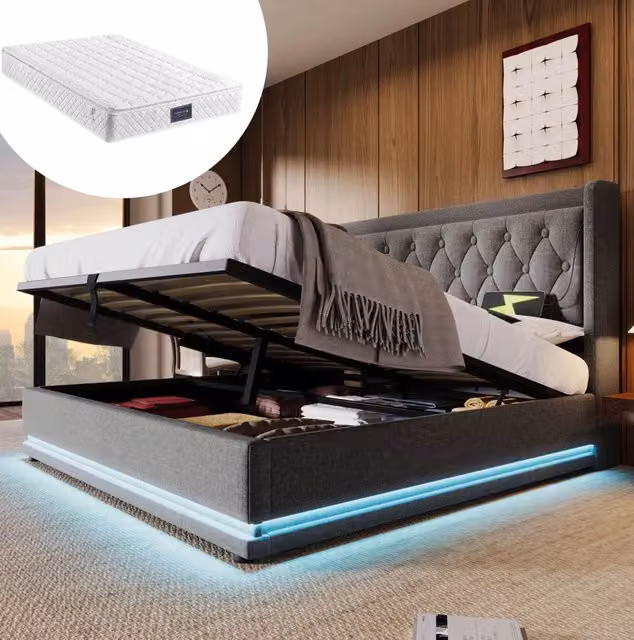 Letto contenitore grigio 160 x 200 cm con materasso e LED
