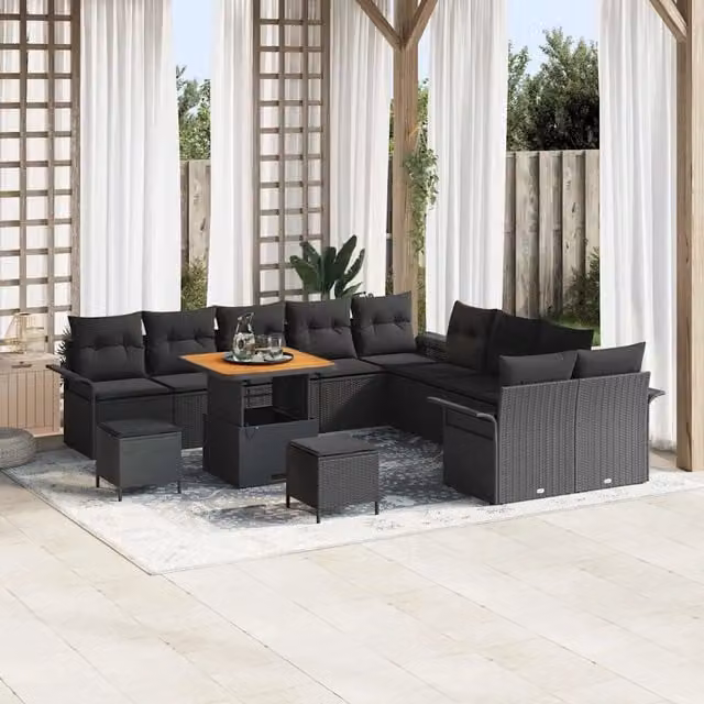 Set Divano da Giardino a Forma di U vidaXL Nero con Cuscini e Tavolino da Esterno