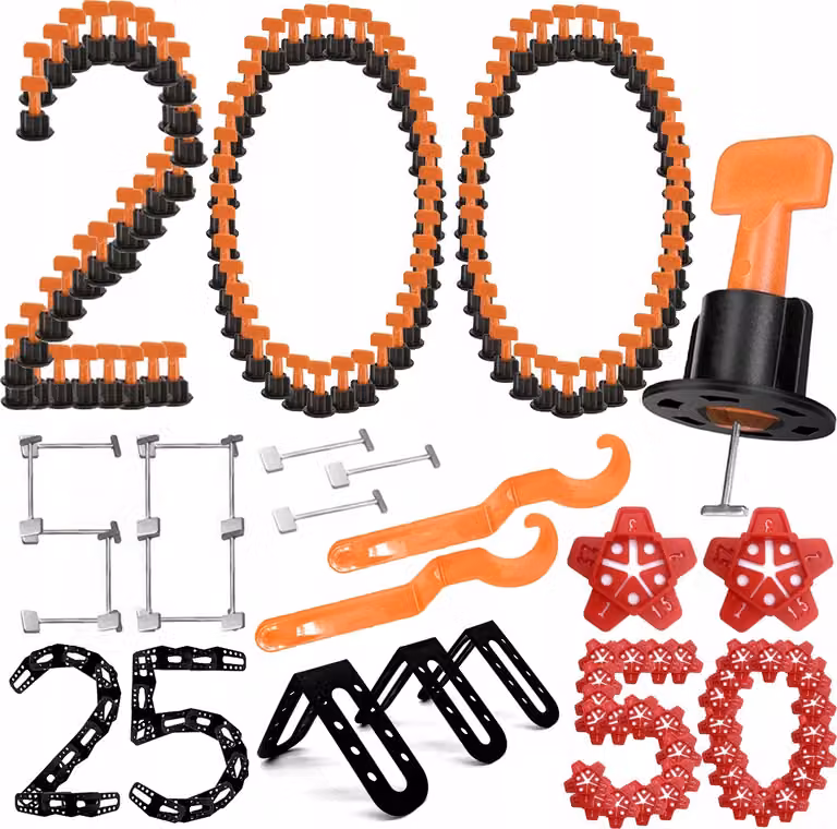 Set di livellamento per piastrelle 200 pezzi arancione nero per piastrelle da 3 a 16 mm