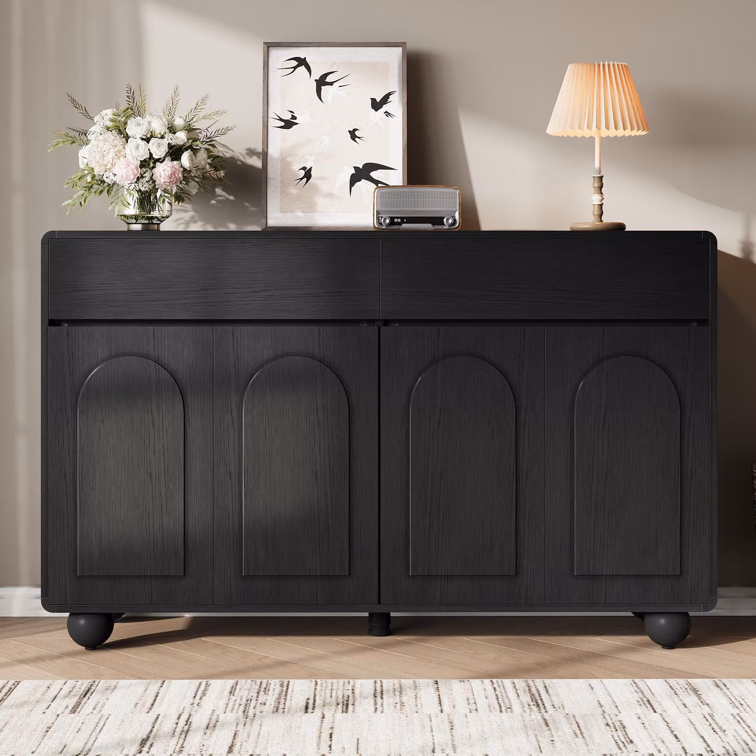 Credenza Merax con ante curve, cassettiera con 2 cassetti e 4 ante, mobile contenitore in MDF e PB con piedini in metallo, nero