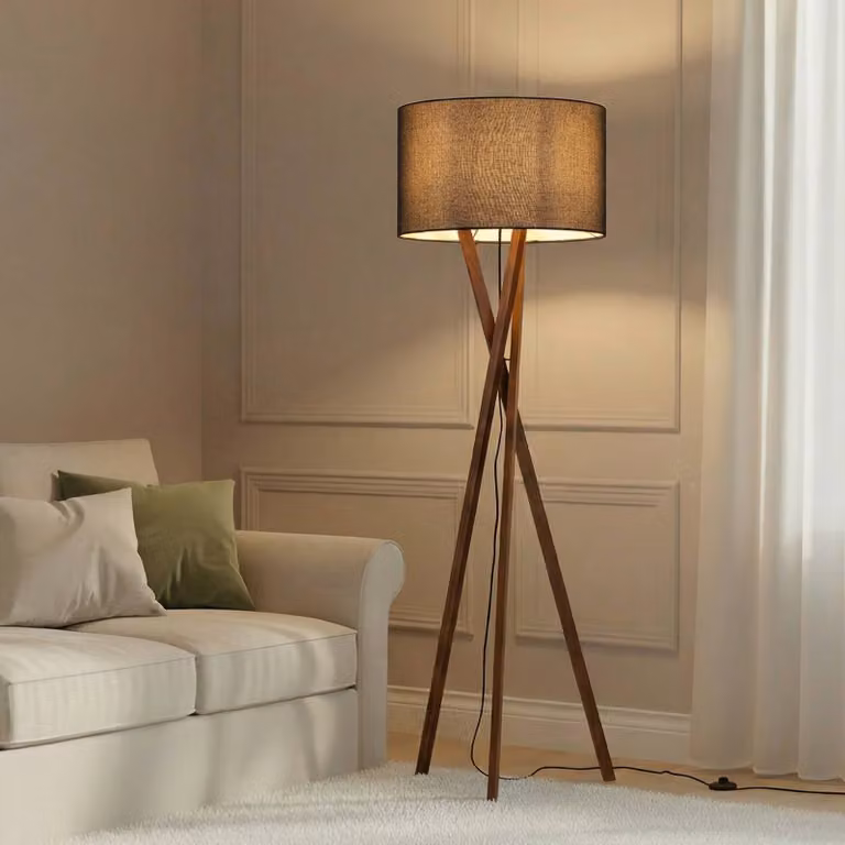 Lampada da terra Auriane Lucande, Legno scuro, Soggiorno / Sala da pranzo, Tessuto / Stoffa / Seta, Scandinavo, Lampada da terra