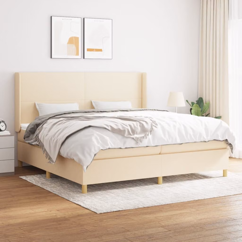 The Living Store Letto a molle con materasso crema 200x200 cm in tessuto