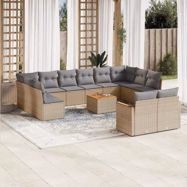 Set Divano da Giardino VIDAXL a Forma di U in Polyrattan con 13 Cuscini Beige – 1