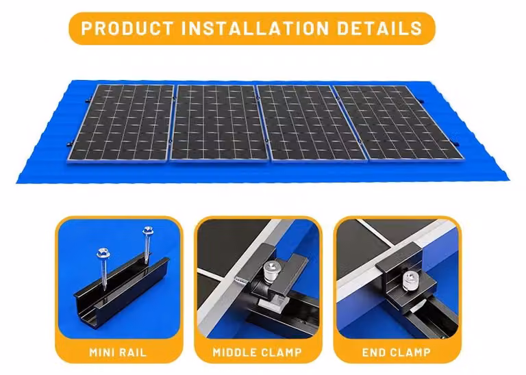 Kit di montaggio per pannelli solari - EUCP008-BL-4. Include 10 guide e supporti di montaggio in alluminio da 120 mm, adatti per tetti piani. Per impianti fotovoltaici