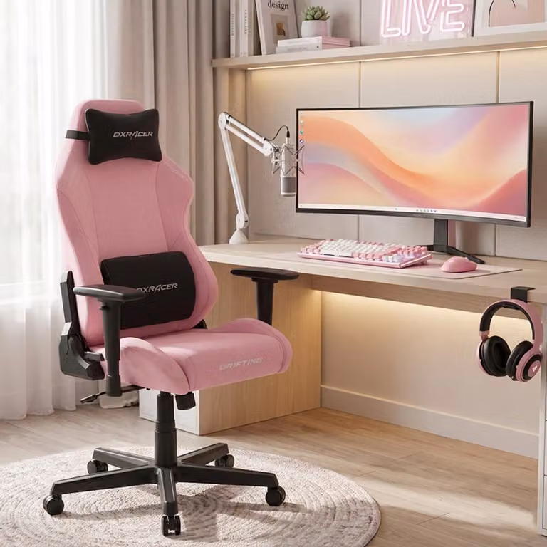 Sedia da gaming DXRacer "Drifting", sedia da scrivania ergonomica, tessuto, rosa e nero