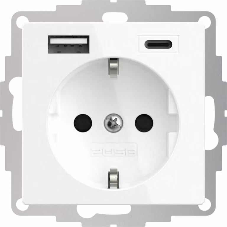 2USB inCharge PRO 55 Presa con messa a terra, USB A/C, 55x55 mm, da incasso, bianco lucido