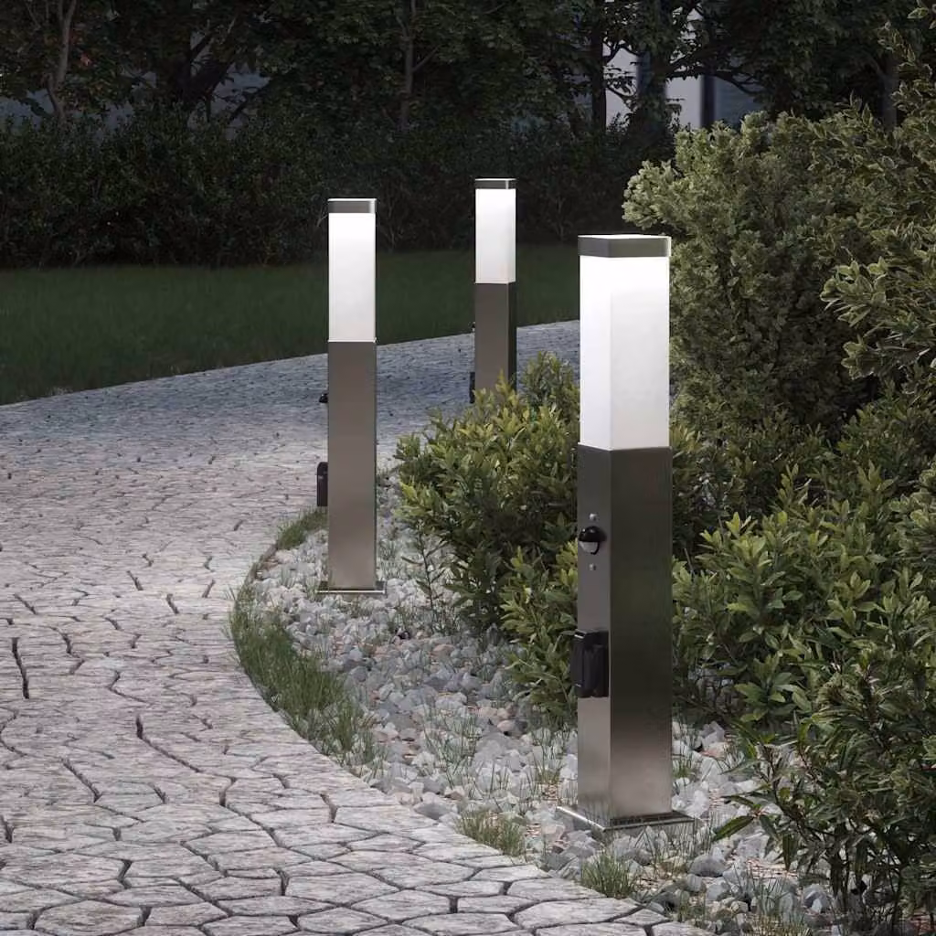 Set di 3 lampioni a dissuasore vidaXL in acciaio inox color argento con sensore di movimento e protezione IP44, Altezza: 50 cm