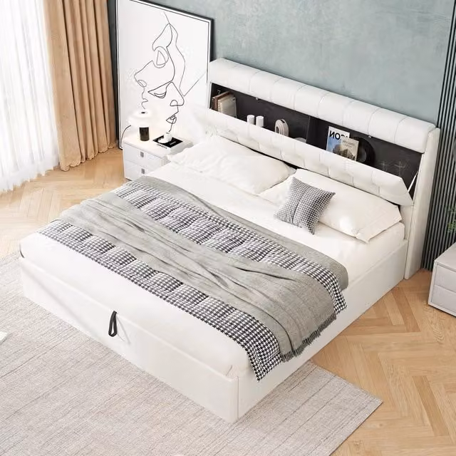 Letto imbottito contenitore idraulico ¨C Minimal ¨C Bianco similpelle 160x200cm con rete a doghe e testiera senza materasso