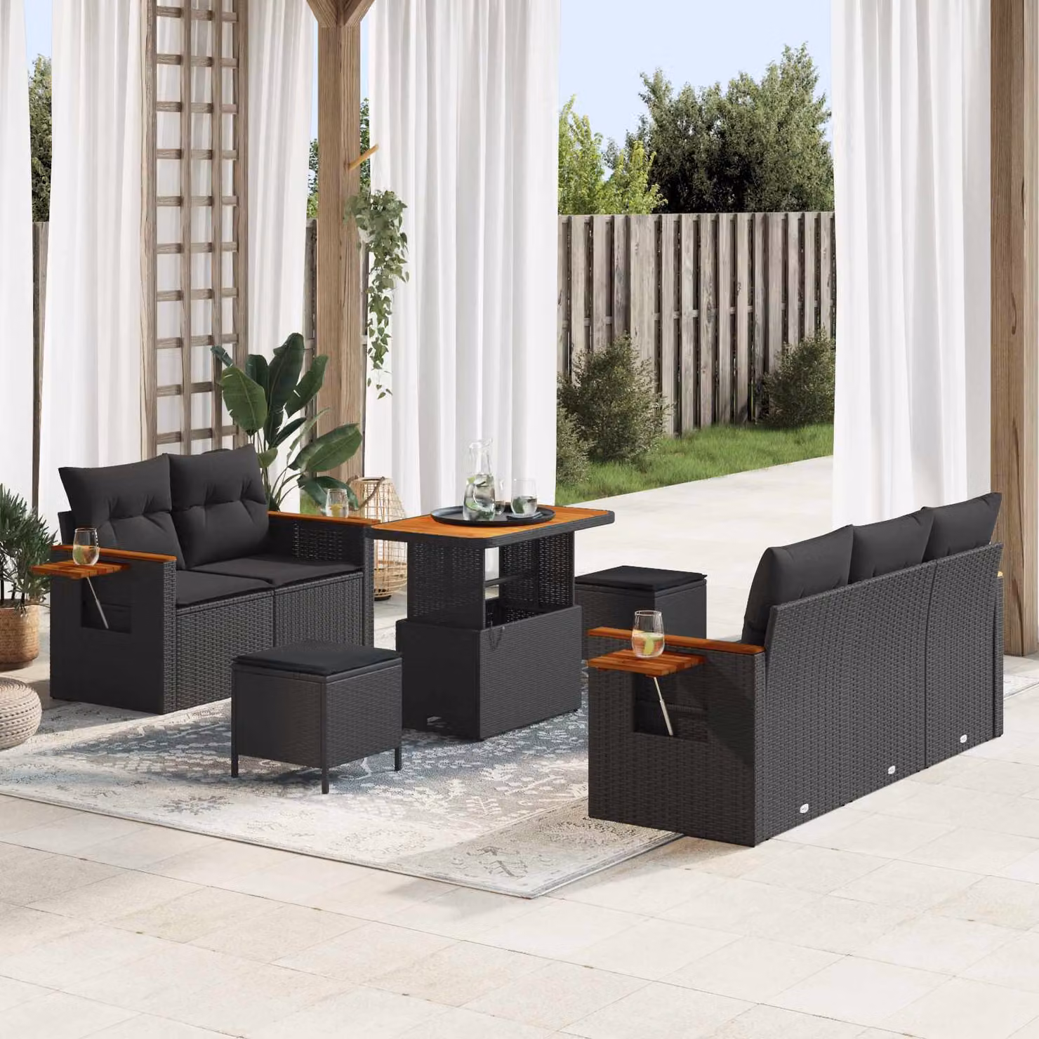 Set Divano da Giardino a L vidaXL 7 Posti con Tavolino e Pouf Nero con Cuscini in Polyrattan e Acciaio – 1