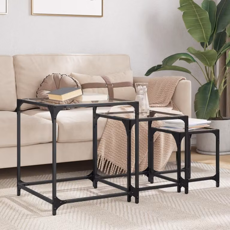 Maison Exclusive - Set di 3 tavolini con piano in vetro trasparente e struttura in acciaio