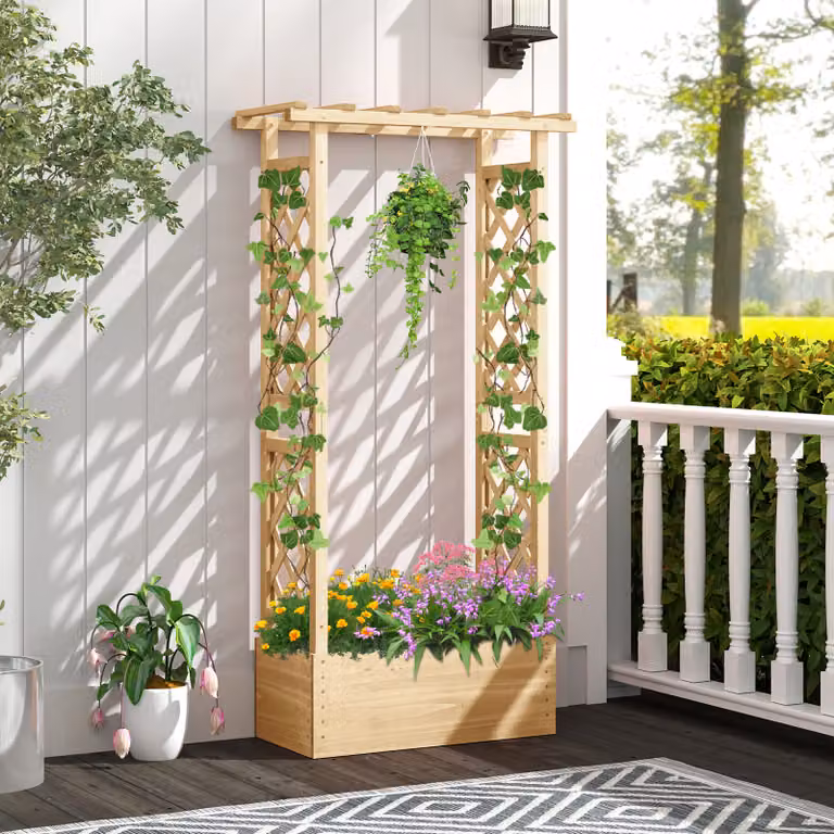Costway Letto rialzato da giardino in legno marrone con traliccio, tetto pendente e fioriera con fori di drenaggio per interni ed esterni