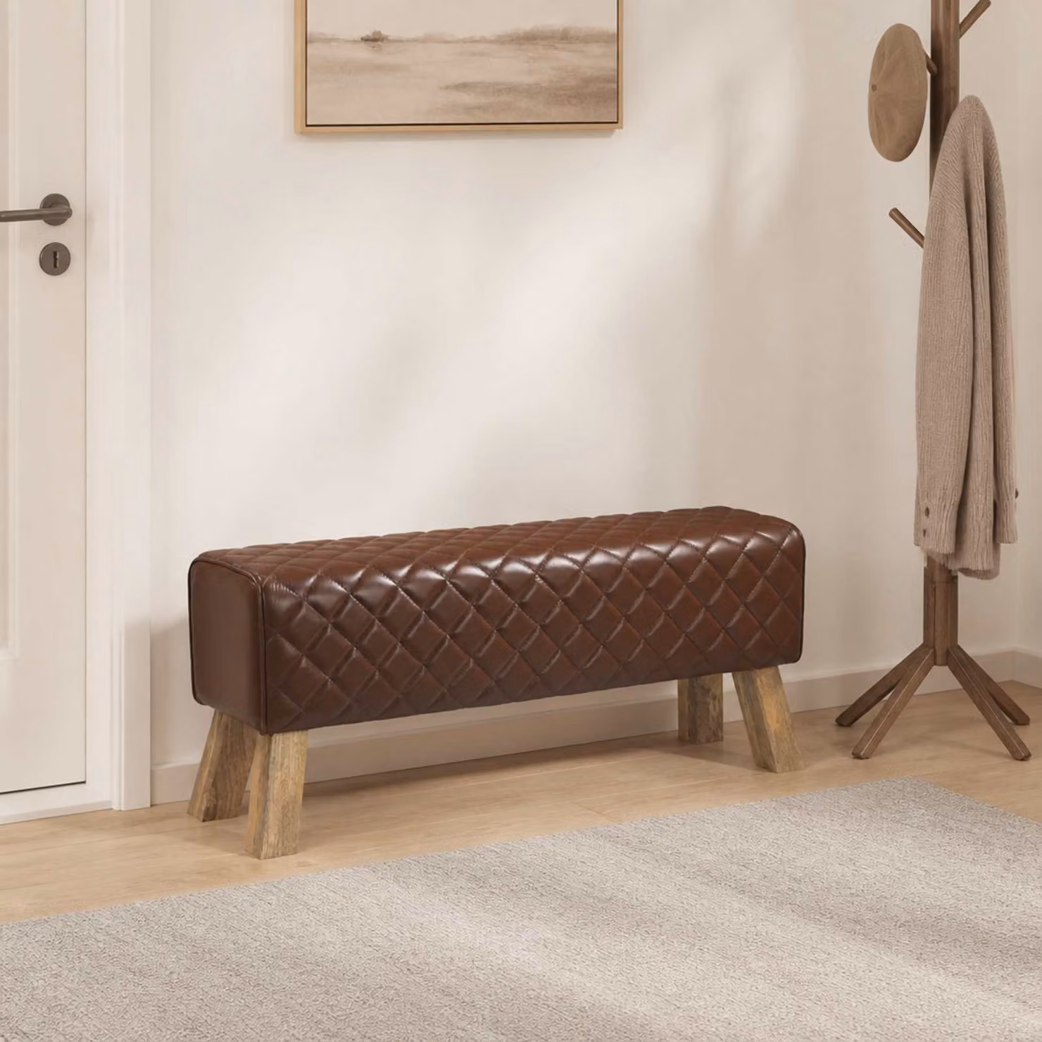 Panchina moderna vidaXL in vera pelle marrone e legno con design geometrico L/P/H: 110 x 30 x 45 cm