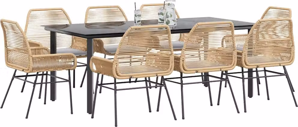Set da Pranzo da Giardino 9 pz con Cuscini Polyrattan Vetro